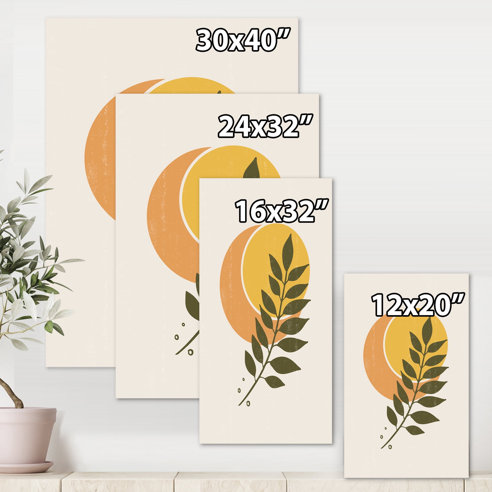 Designart ' Abstract Geometrical Moon and Sun With Leaf V ' Modern Canvas Wall Art Print