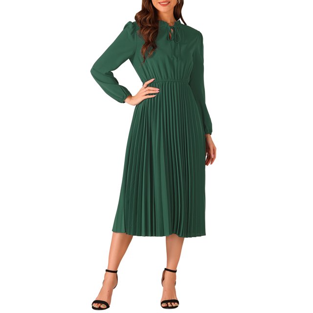 Vestido Midi A-Line de Manga Larga con Cinta en V Plisado para Mujeres INSPIRE CHIC Talla XS Verde Oscuro