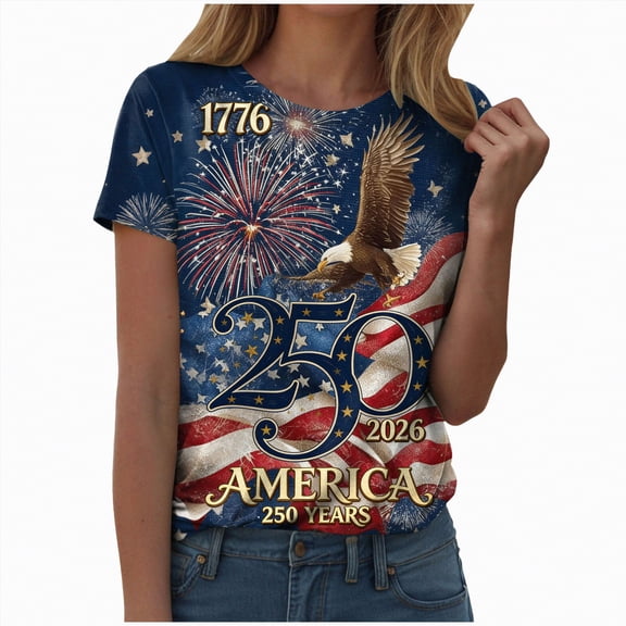 mgoYE 250th Anniversary USA Flag Shirt American Flag Shirts Women 4th of July V-Neck Short Sleeve Patriotic T-Shirt Memorial Day Graphic Tee Independence Day Tops|Dark Blue M