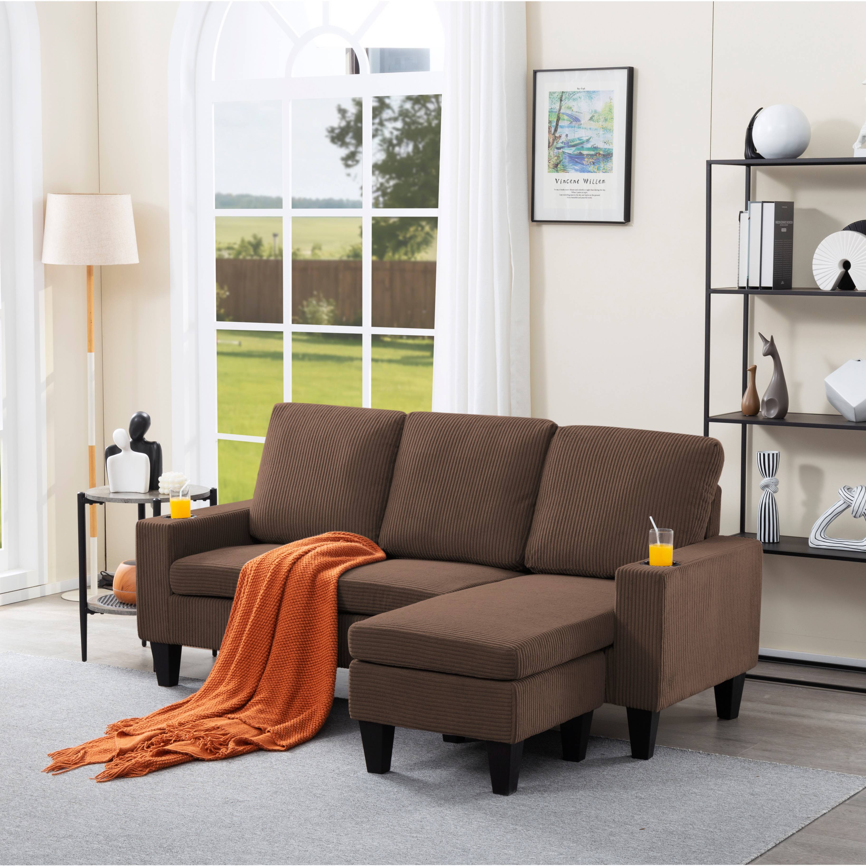 BSHTI 69.88 inch Modern Style Sectional L-Shaped Sofa Couch, 3-seater Sofa Couch with movable ottoman for Livingroom,Camel