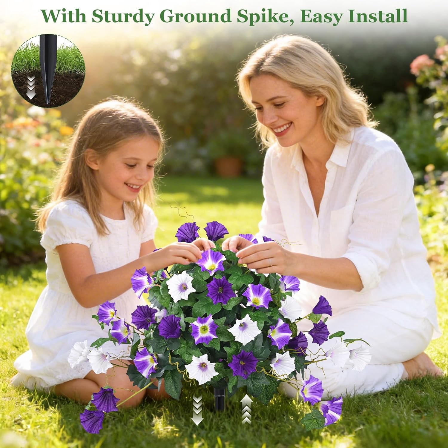 Lyacmy 2 Pack 19.7in Artificial Flowers Topiary Ball Trees for Outdoors, UV Resistant Lifelike Morning Glory Fake Bushes Plants with Ground Spike for Porch Garden Decor