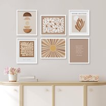 PixonSign Framed Canvas Print Wall Art Set - Brown Sunshine & Plants & Letter Patten - Set of 6 Abstract Geometric Minimalism Poster Cultural Art Wall Décor - 11"x14"x6 White