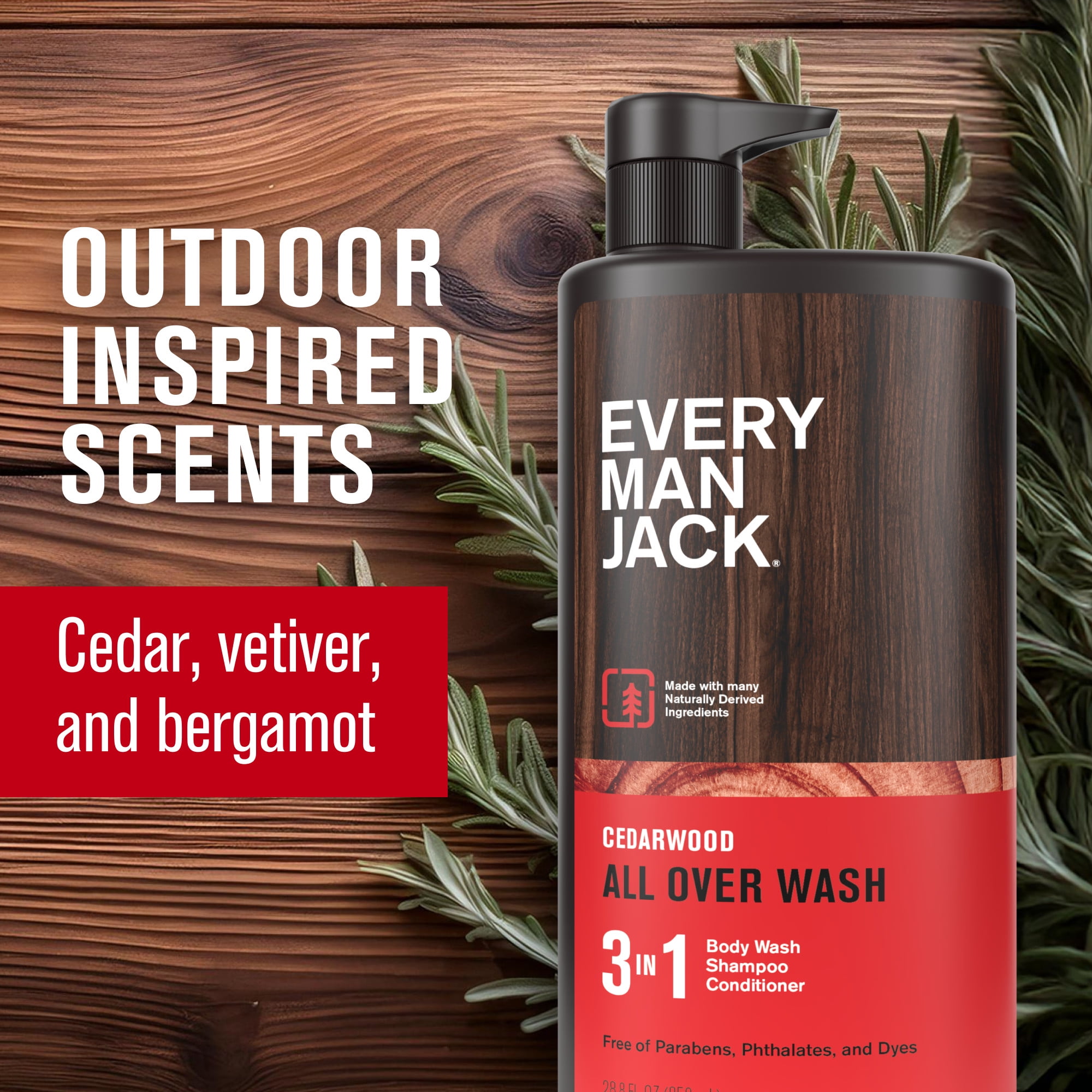 Every Man Jack Men's Hydrating 3 in 1 Body Wash, Shampoo, and Conditioner, Cedarwood, 28.8 Fluid Ounces
