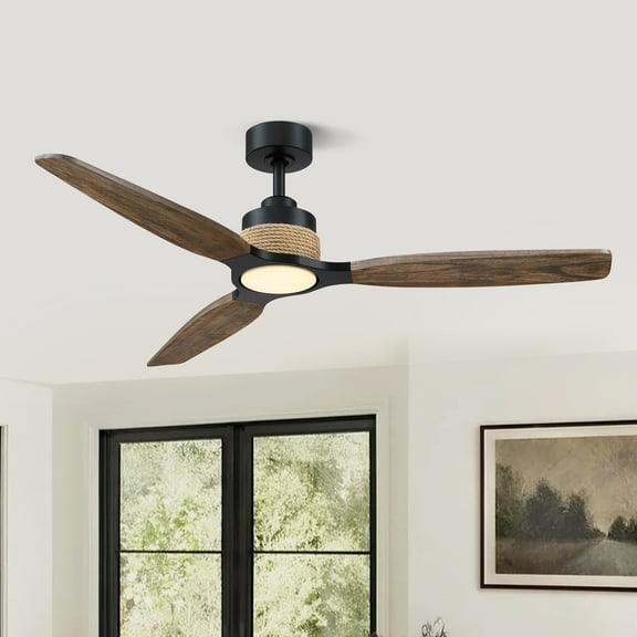 Parrot Uncle 56" Farmhouse Brown Solid Wood Dimmable LED Ceiling Fan with Light and Remote Control, Living Room Ceiling Fan