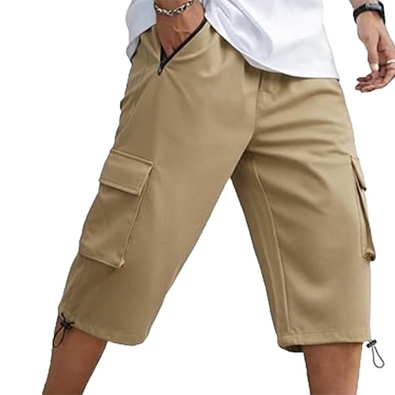 Mens Capri Cargo Shorts Cotton Ripstop Straight Leg Below Knee Twill Casual Summer Long Shorts with Multi Zipper Pockets Khaki