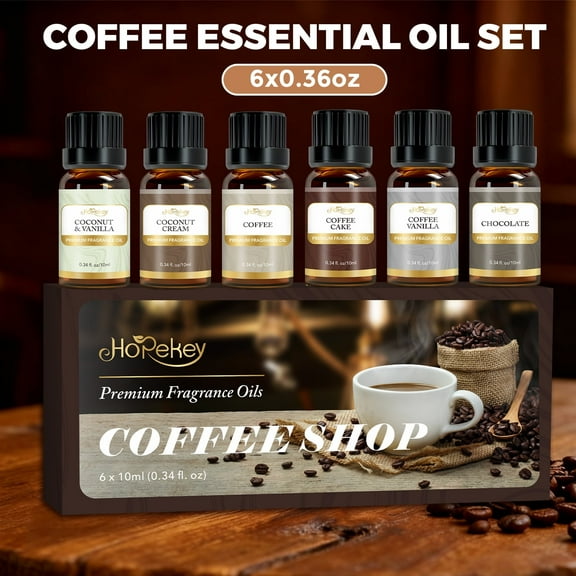 Hopekey Coffee Shop Fragrance Oil Set, 6 x 10ml Premium Scented Oils with Chocolate, Coconut, Vanilla, and Coffee Scents for Diffusers, Candles, and Soap Making