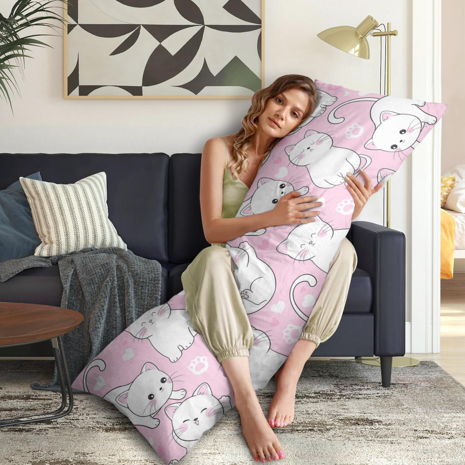 Long Body Pillow Cover – Soft & Breathable, Hidden Zipper, 20"x54", Cute Cat & Paw Print – Perfect Gift for Cat Lovers, Side Sleepers, Pregnancy Support, Pet-Themed Decor