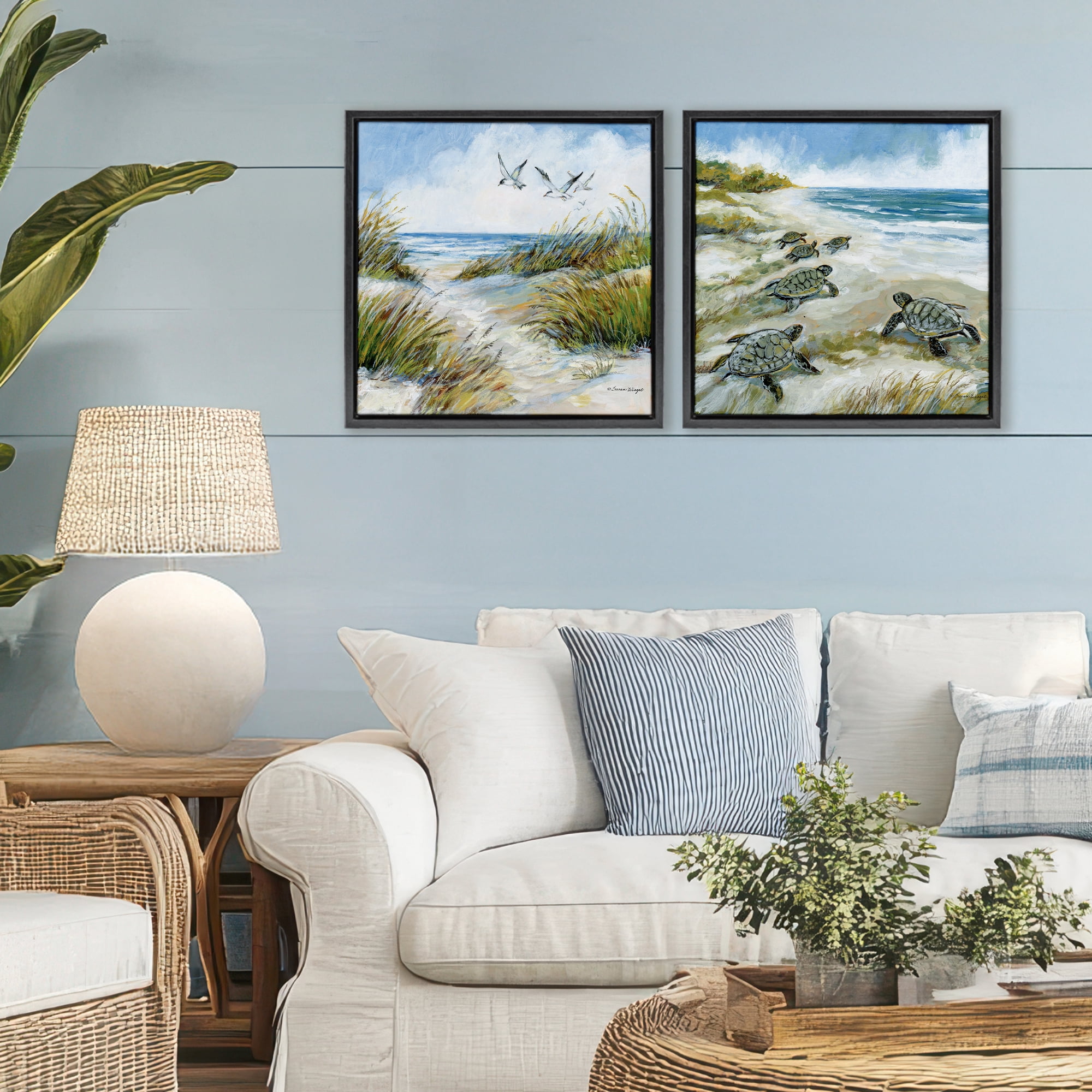 Stupell Industries Beach Creatures on Dunes 2 Piece Black Framed Floater Canvas Set, design by Susan Winget
