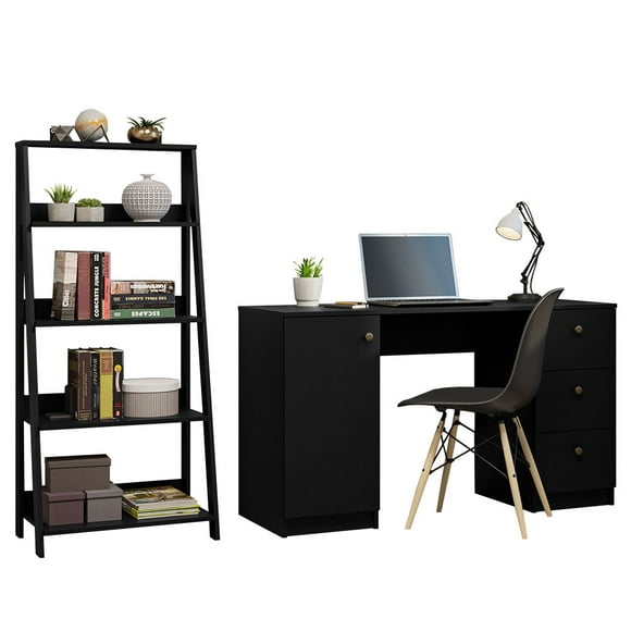 Madesa Desk with Drawer 53" + Ladder Shelf Standing Bookcase - Black