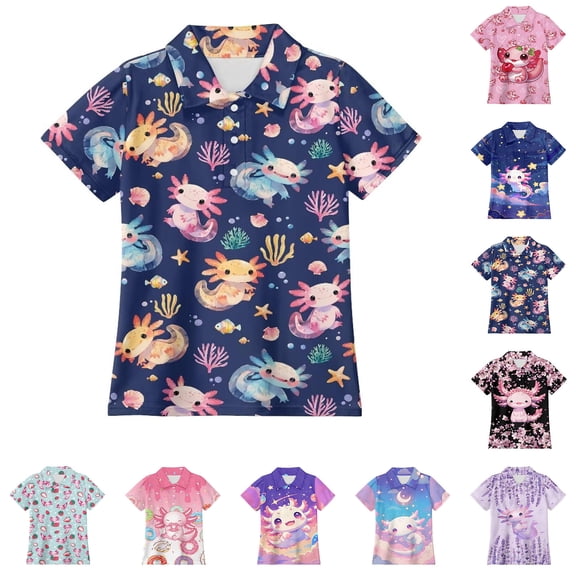 JAJAHO Girls Polo Shirts Short Sleeve Regular Fit Summer Cute Graphic Shirts For Kids 3-14Y Soft Tops