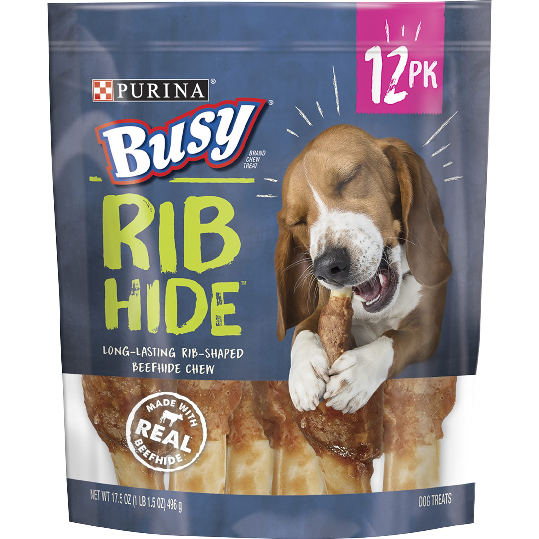 (6 pack) Purina Busy Rib Hide Beef Flavored Long-Lasting Dog Chews, 17.5 oz Pouch