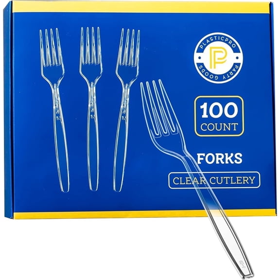 PLASTICPRO Disposable Plastic Forks Heavyweight Utensils Silverware, Clear, Pack of 100