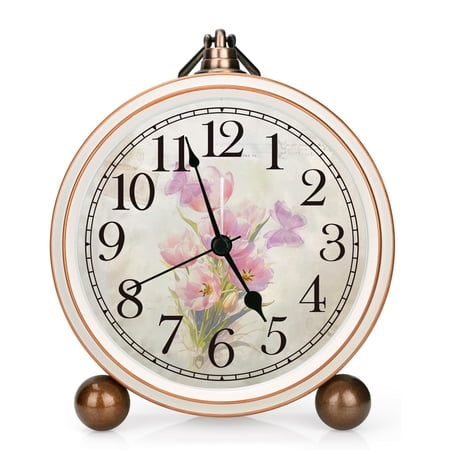 Vintage 5.2in Silent Non-Ticking Alarm Clock – Analog Tulips Design, Battery Operated Table Clock with Quartz Movement, Bedroom & Living Room Decor (Pink)