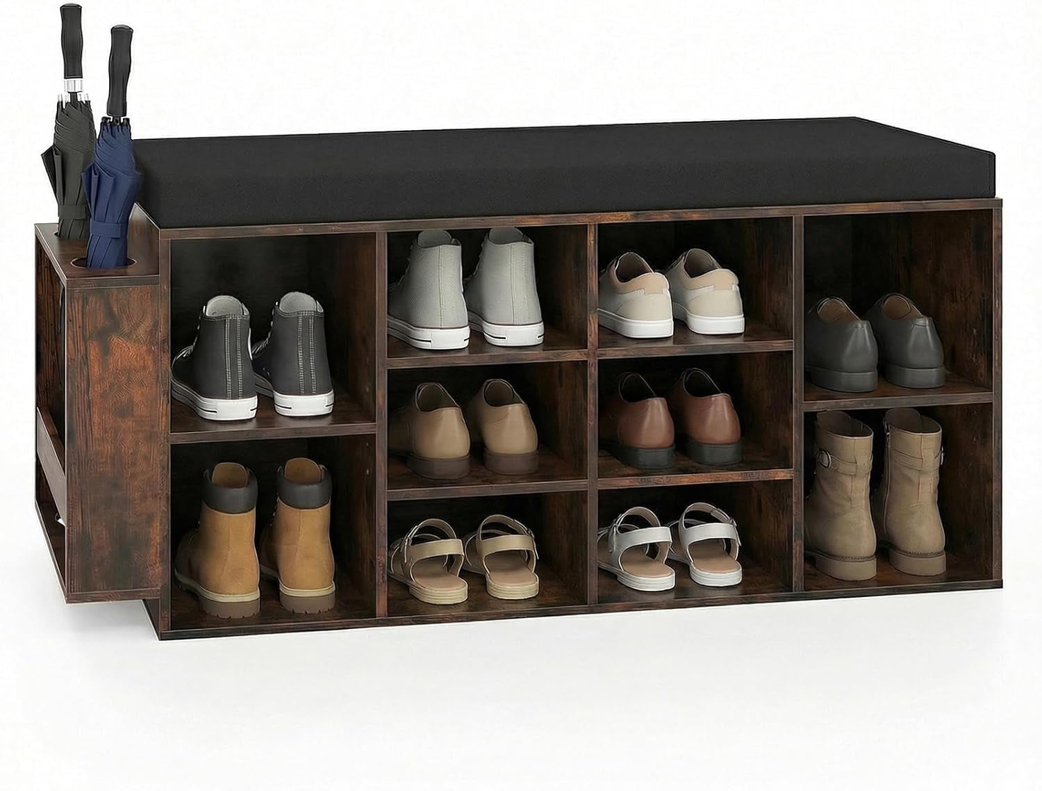 Shoe Storage Bench with Umbrella Holder, 40" Shoe Organizer with Cushioned Seat, 10 Cubbies & Adjustable Shelves, Wooden Industrial Shoe Rack for Entryway, Living Room, Bedroom