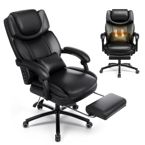 EOP Big and Tall Office Chair with Footrest, Heated Massage Faux Leather Computer Chair with 3D Linkage Armrests and Lumbar Pillow, Black
