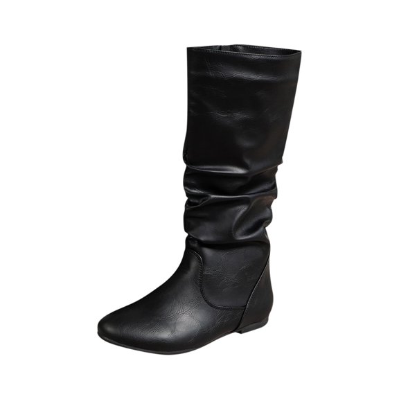 Black Ladies Knee High Boots Pleated Stacked Style Side Zipper Round Toe Low Heel Thick Heel Casual Winter Wear