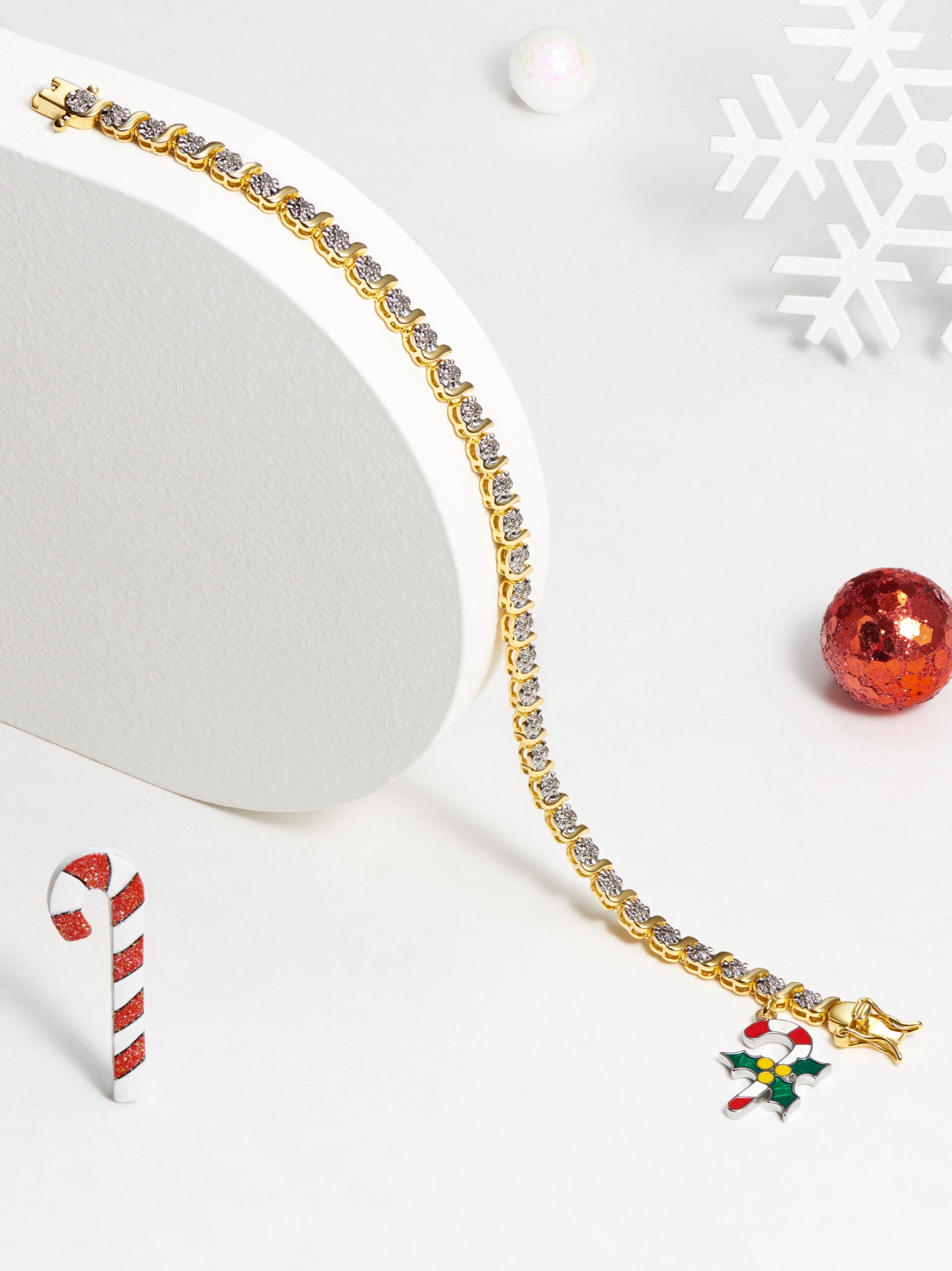 Fine Silver Plated Diamond Accent "S" Link Gold Tone Tennis Bracelet With Enamel Holiday Candy Cane Charm 7.25"