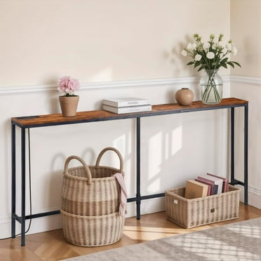 VividVibes 70 Inch Console Table with Outlet, Narrow Sofa Table with Charging Station, Hallway Table for Living Room, Entryway, Foyer, Rustic Brown