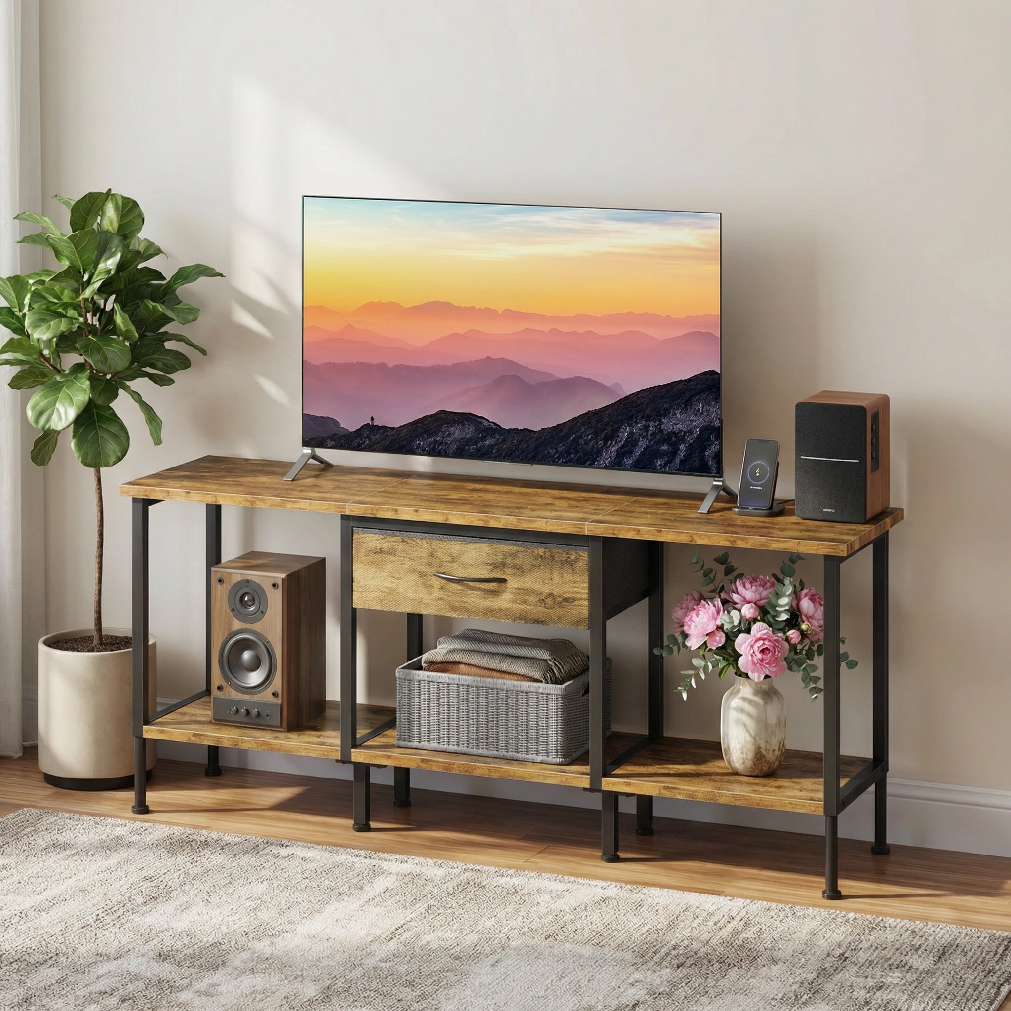 HIGDBFE TV Stand for TVs up to 55 inch, LED Entertainment Center with Fabric Drawers and Power Outlet, Industrial TV Console Table for Living Room and Bedroom