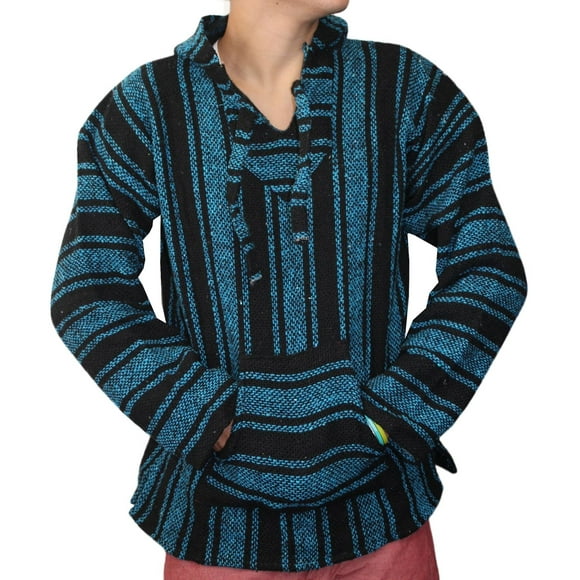 Mexican Baja Hoodie Hippie Surf Poncho Sweater Sweatshirt Pullover Jerga (XX-Large, Turquoise/Black)