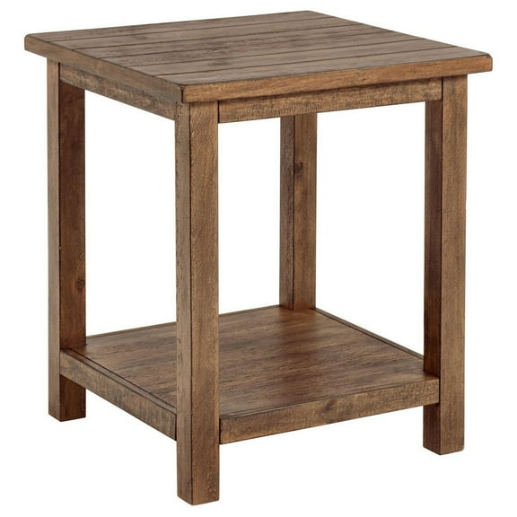 Ayne Side End Table, 1 Shelf, Distressed Brown Wood, Square 20 Inch