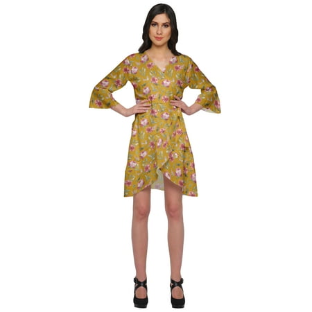 

Moomaya Ruffle Style Rayon Robe Women Lightweight Printed Crossover Sleepwear