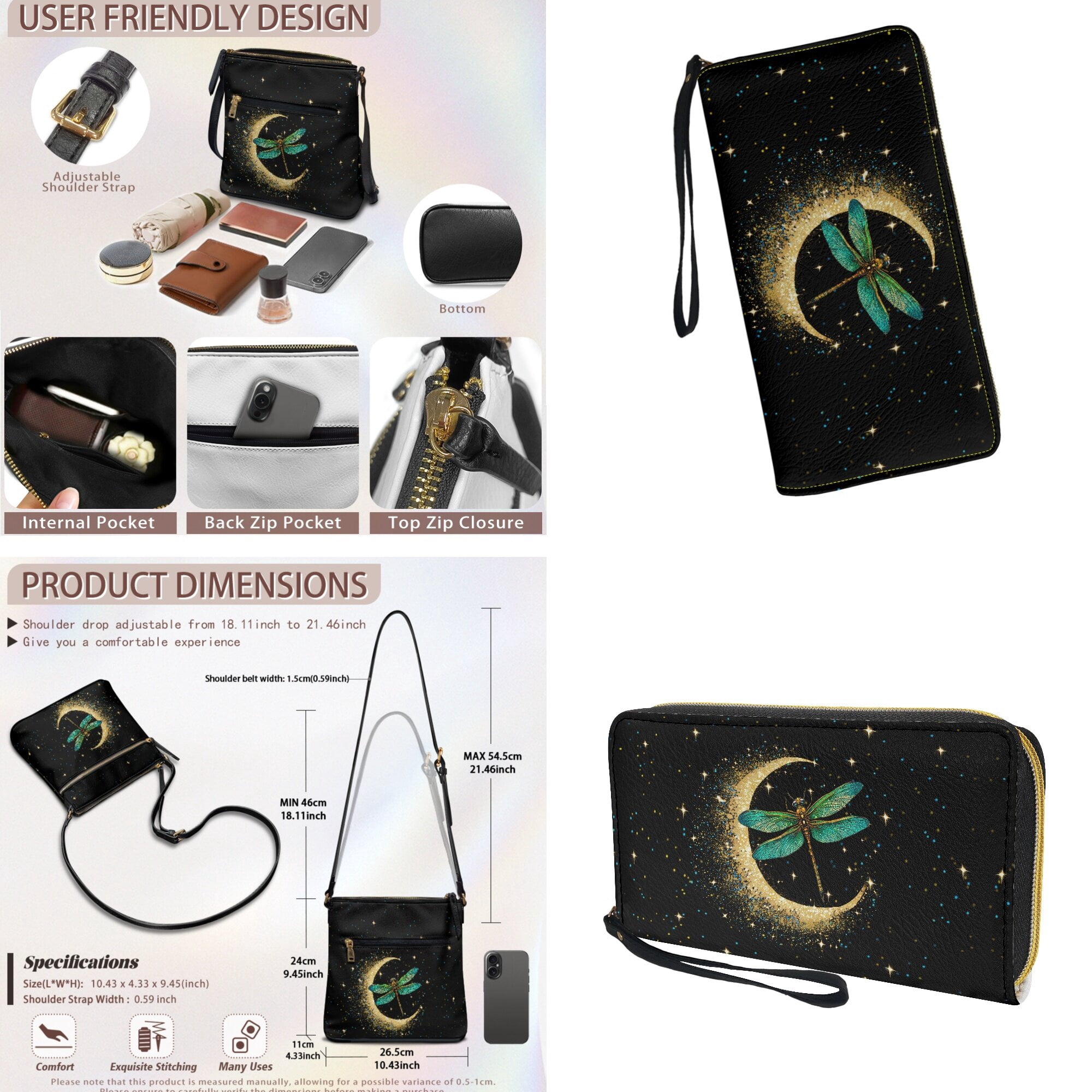 LedBack Dragonfly Moon Crossbody Satchel Purse with Wallet Set for Women Lady, Leather Hobo Bag Shoulder Bag Multi Pocket Messenger Purse with PU Wallet, Black