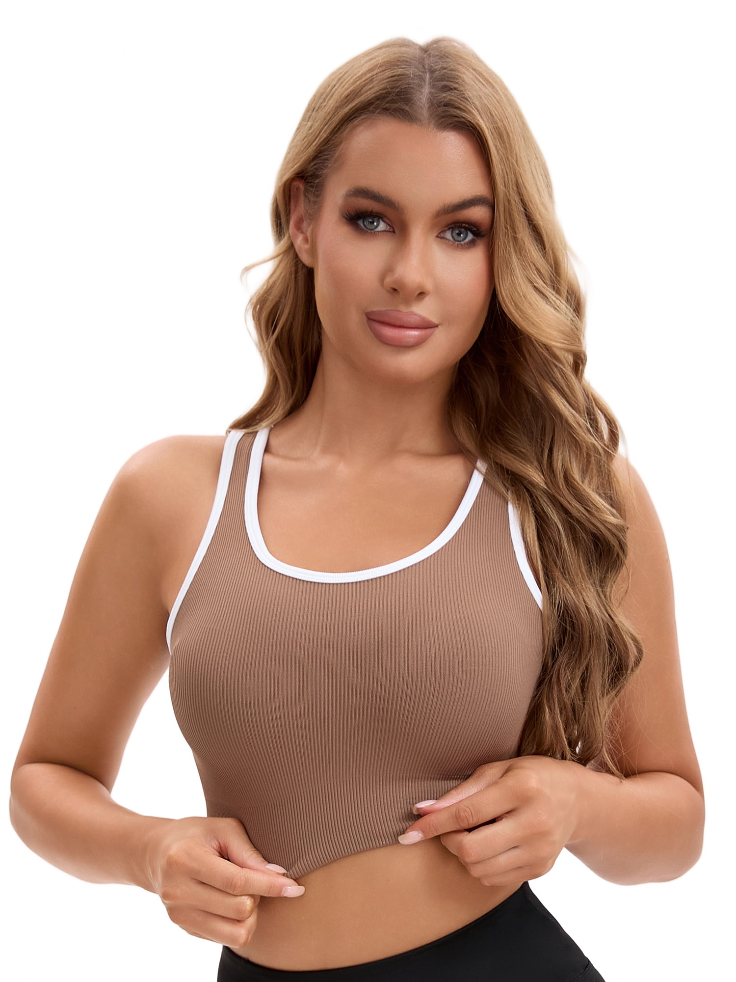 Unique Bargains Women's Contrast Color Open Back Workout Tank with Built-In Bras XL Brown