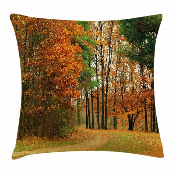 Fall Decor Throw Pillow Cushion Cover, Cloudy Overcast Day in September Shrubs Pines Sidewalk in Park Forest, Decorative Square Accent Pillow Case, 18 X 18 Inches, Orange Green Brown, by Ambesonne