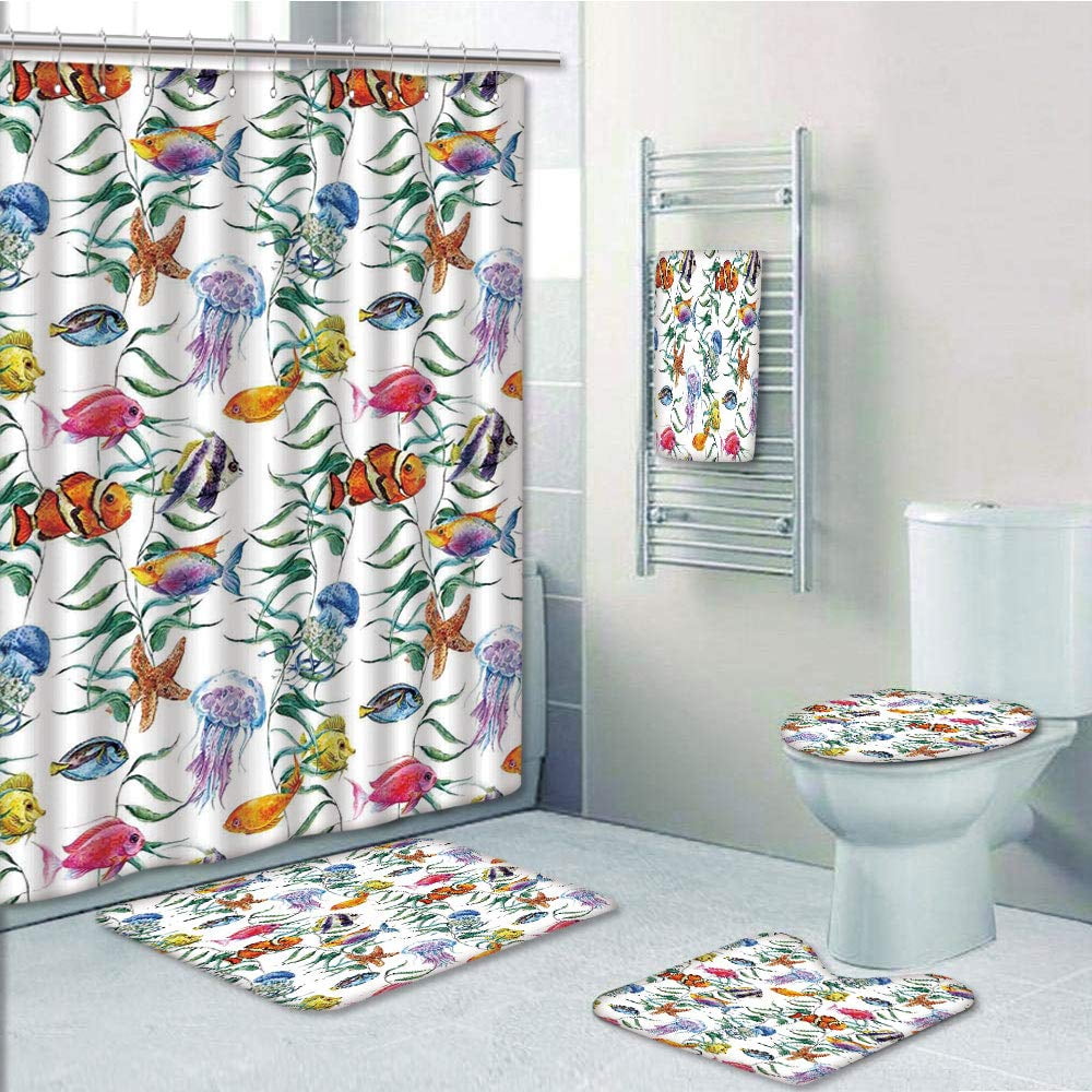 Erehome Tropical Coral Reef With Seaweed Algae Jellyfish Aquatic Saltwater Nemo 5 Piece Bathroom Set Shower Curtain Bath Towel Bath Rug Contour Mat And Toilet Lid Cover Walmart Canada