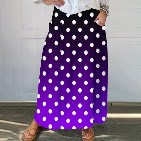 Maoxin Skirt for Women Women's Printed Elastic Waistband Pleated Pocket Skirt With Mid Calf Skirt ,Purple,S