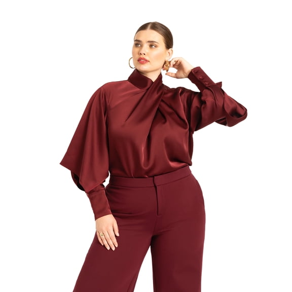 ELOQUII Women's Plus Size Draped Neck Satin Blouse