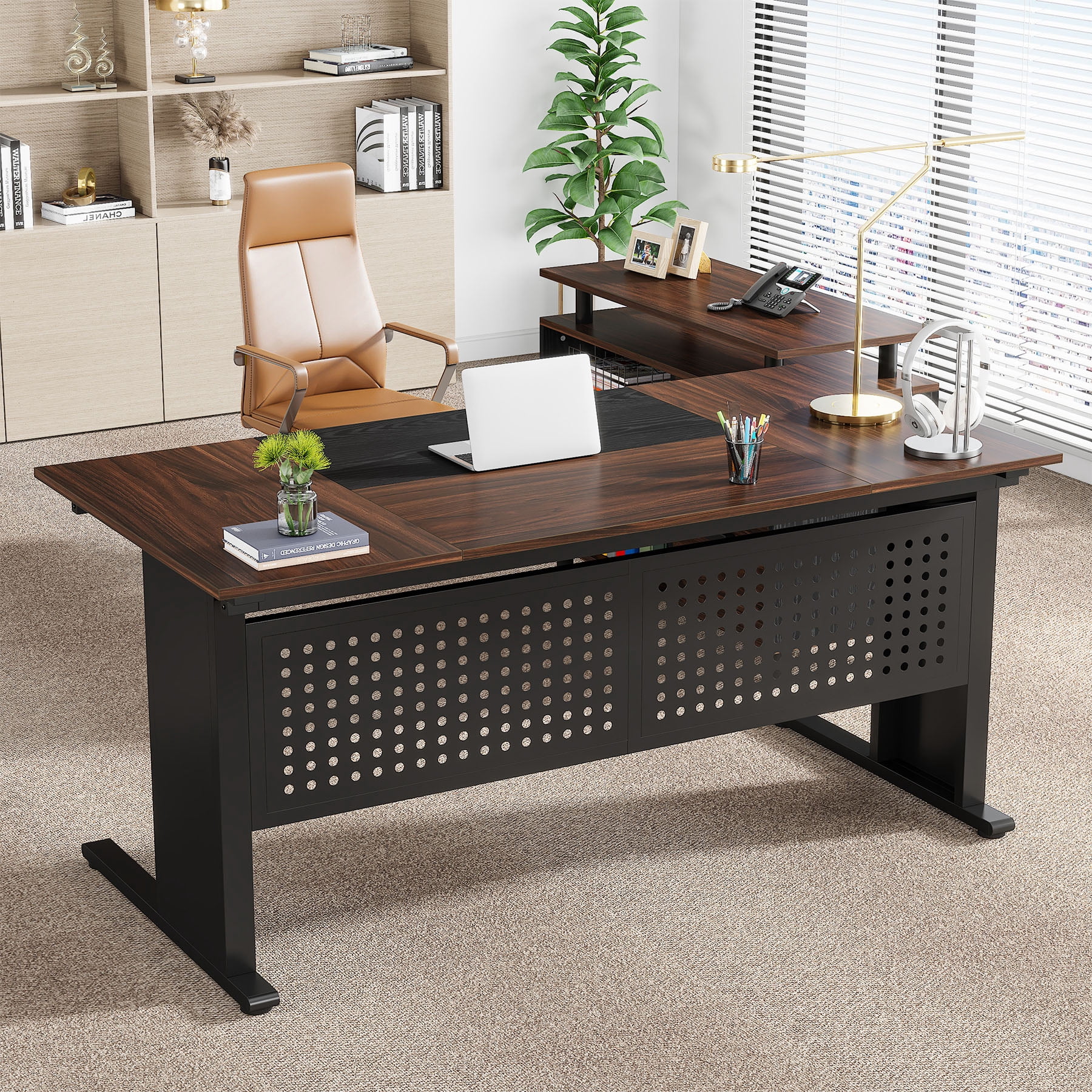 63 Inch Executive Desk with File Cabinet, Large L Shaped Office Desk, Dark Walnut and Black