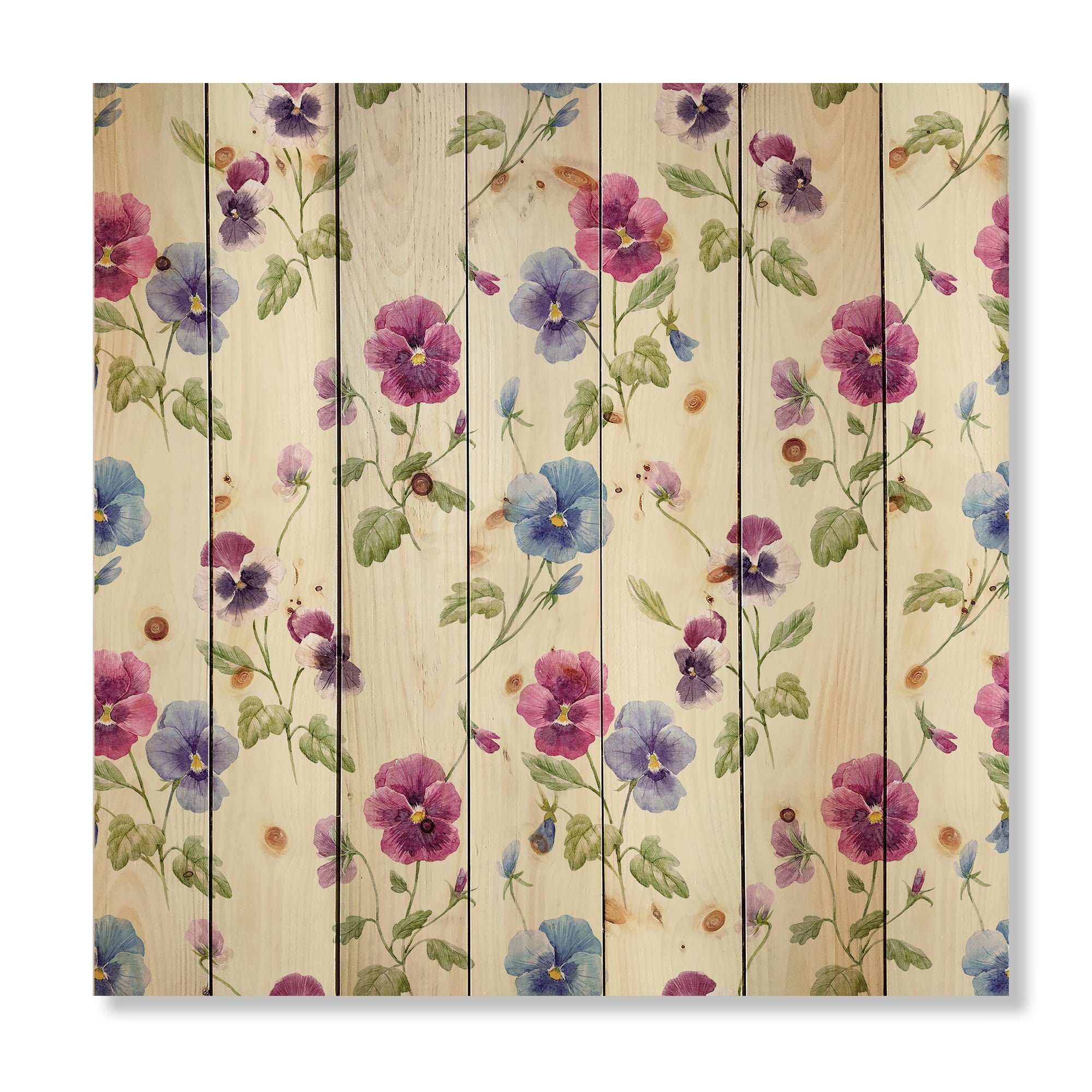 Designart 'Blue and Pink Pansy Flowers I' Traditional Print on Natural Pine Wood