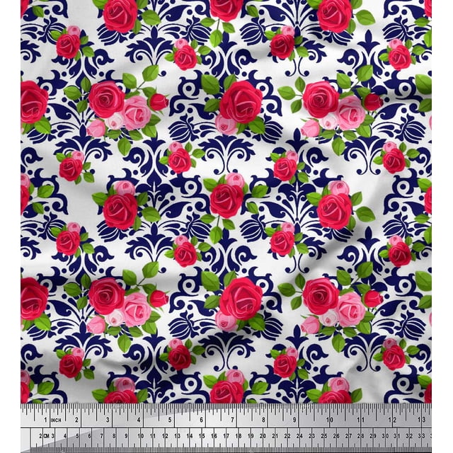 Soimoi Blue polyester Crepe Fabric Damask Floral Print Fabric by the Yard 42 Inch Wide