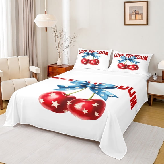 Manfei Love Freedom Print Twin Sheet Sets,Cute Stars Bowtie Ribbon Twin Fitted Sheet,Red Sweet Cherry Flat Sheet For Girls Teens,Breathable Home Decor,3 Pieces
