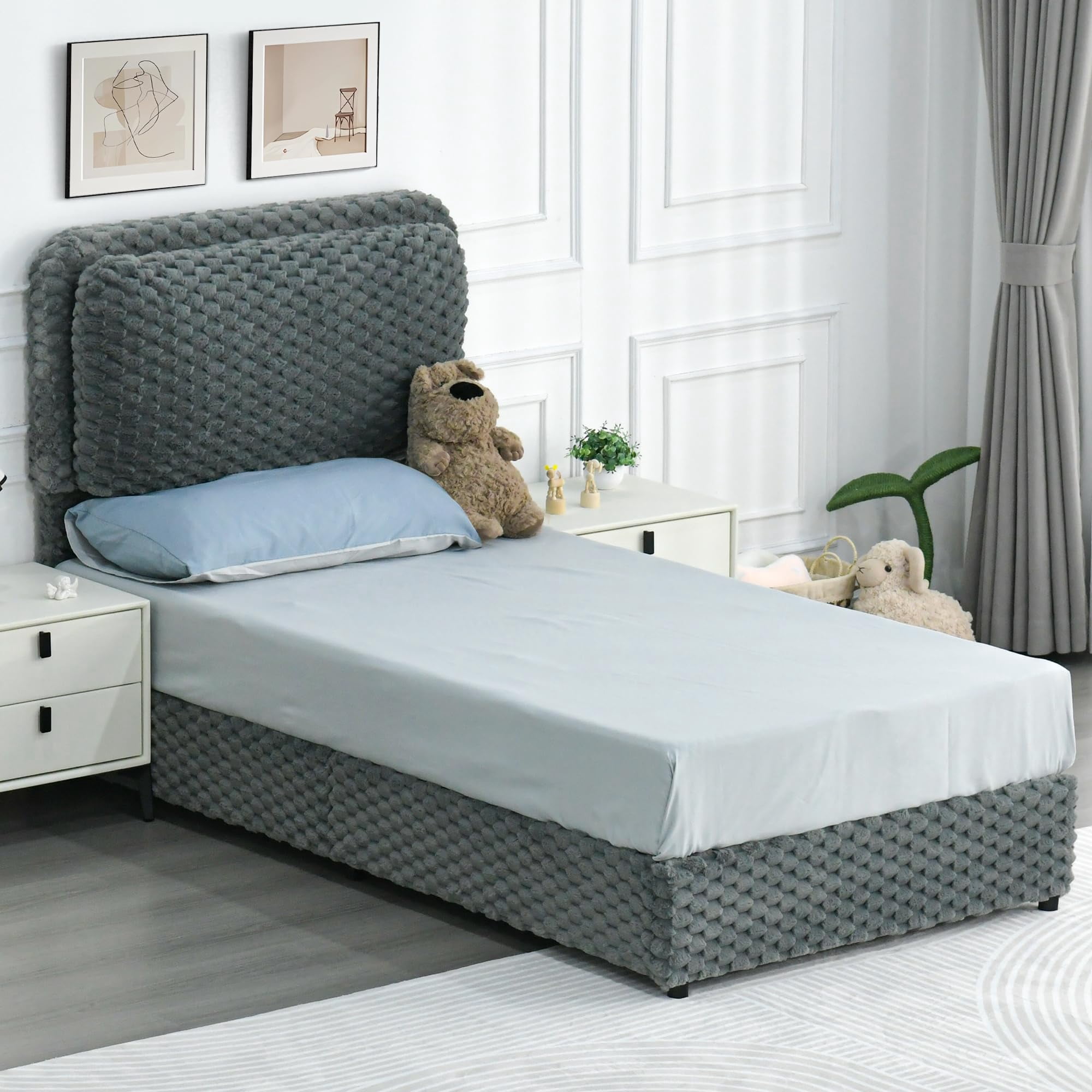 4 EVER WINNER Twin Bed Frame, Twin Size bed Frame with Headboard, Upholstered Bed Frame with Removable Pillows, Grey
