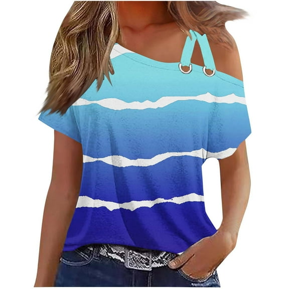 Summer Trendy Tops, Womens Off The Shoulder Floral Going Out T Shirts Short Sleeve O-ring Strappy Tshirts Summer Blouses (XL, Blue)
