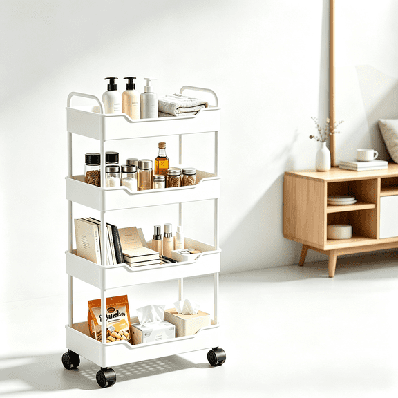 4 Tier Slim Rolling Cart with Wheels, Plastic Utility Storage Cart Organizer for Bathroom, Kitchen, Dorm, Narrow Spaces, Movable Shelving Unit with Drain Baskets (White)