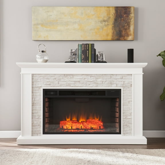SEI Ledgestone Electric Fireplace with Stacked Faux Stone, White