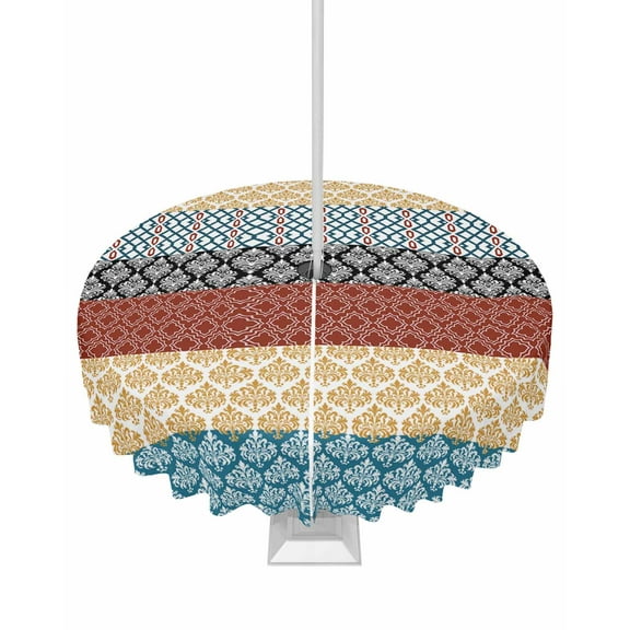 Hokiten Outdoor Tablecloths with Umbrella Hole & Zipper, Boho Orange Round Tablecloths 60 Inch, Yellow Geometric Stripes Turquoise Bohemia Waterproof Table Cloth, Patio/Pool/Picnic Table Covers