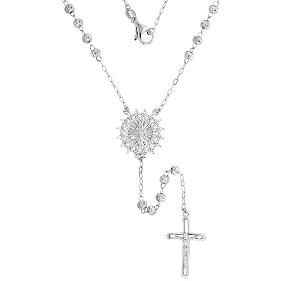 Sterling Silver Cubic Zirconia Rosary Necklace Round CZ Halo Miraculous Medal Center 3mm Moon Cut Beads Rhodium Finished 24 inch