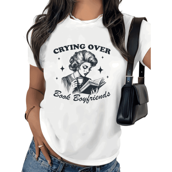 White Crying Over Book Boyfriends Tshirt Pattern Tees Book Lover Aesthetic Daily Wear S-5XL Tops
