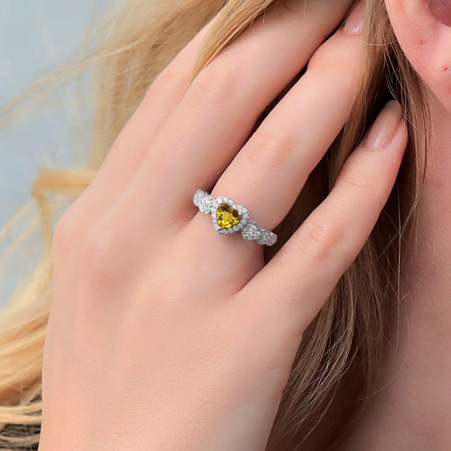 Gem Stone King 925 Sterling Silver Yellow Citrine Ring for Women (1.08 Cttw, Heart Shape 6MM, Gemstone Birthstone, Available in Size 5, 6, 7, 8, 9)