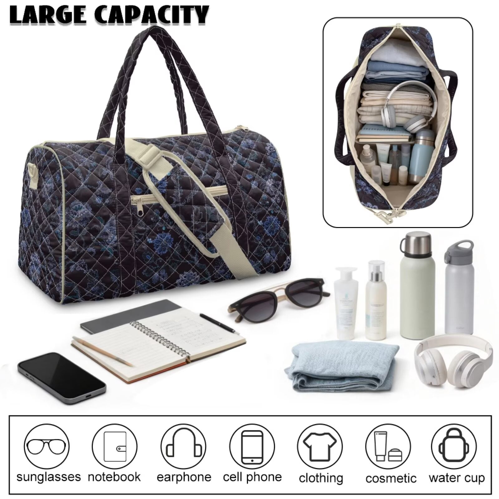 Chririnla Lightweight Fitness Bag for Women Large Capacity Athletic Duffle with Smooth Zipper & Luggage Handle Strap Fits Gym, Black Floral Print