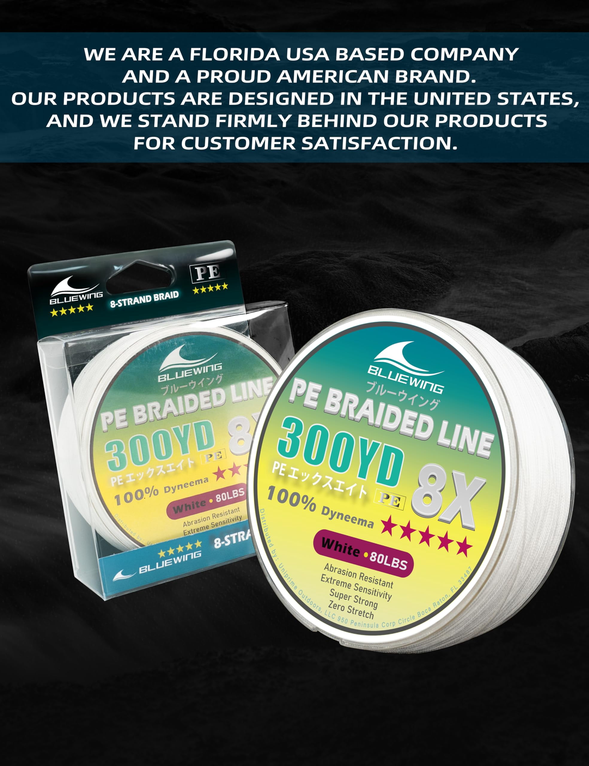 BLUEWING Braided Fishing Line 8 Strands PE Braid Fishing Lines Thin Diameter & Abrasion Resistant Fishing String for Saltwater Fishing 80LBS 300YD White