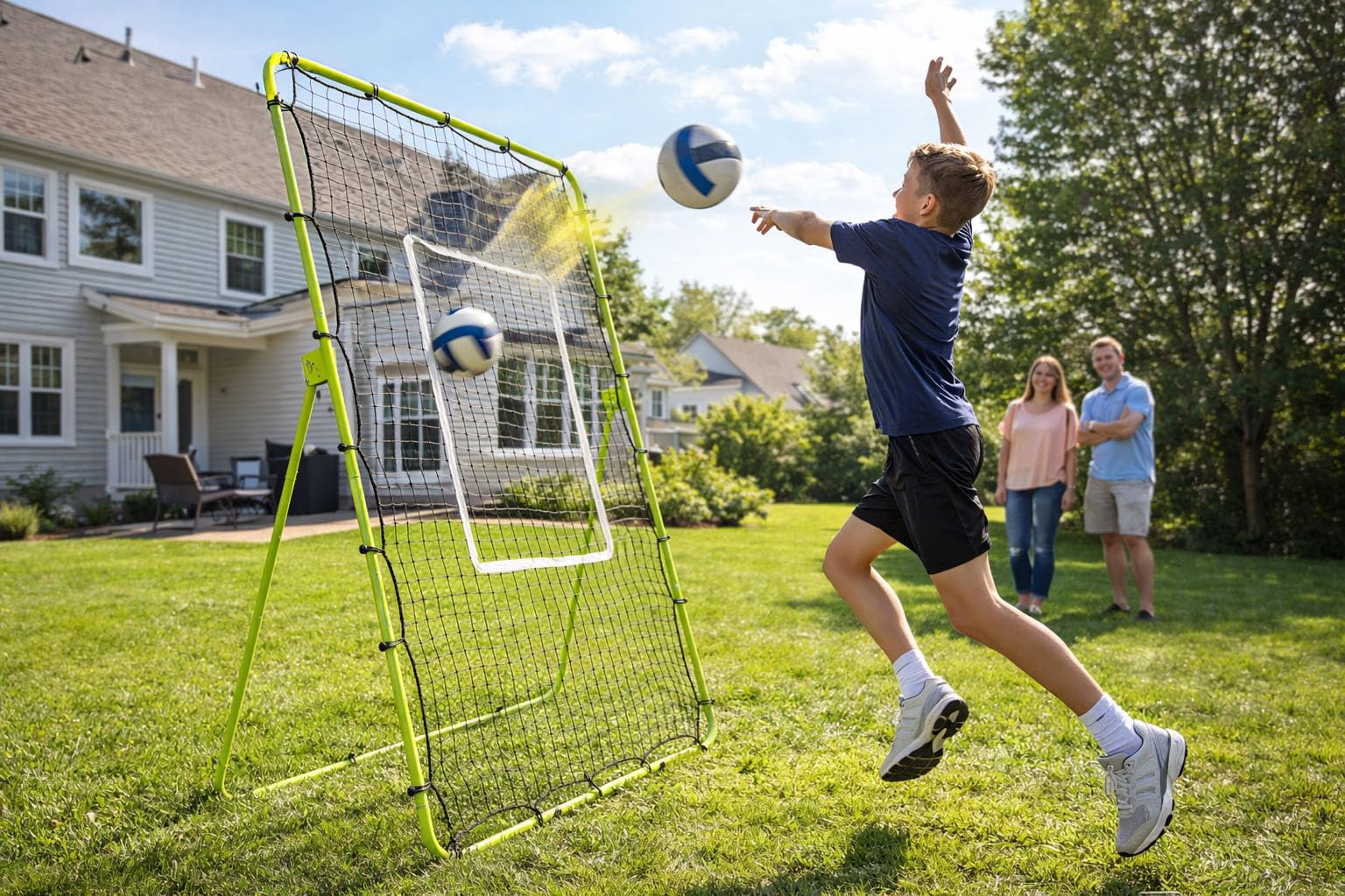 Adjustable Volleyball Rebounder Net 7x4 FT, High-Tension PE Netting, Portable Volleyball Training Equipment Practice with Angle Customization for Improving Volleying, Bumping, Spiking Skills