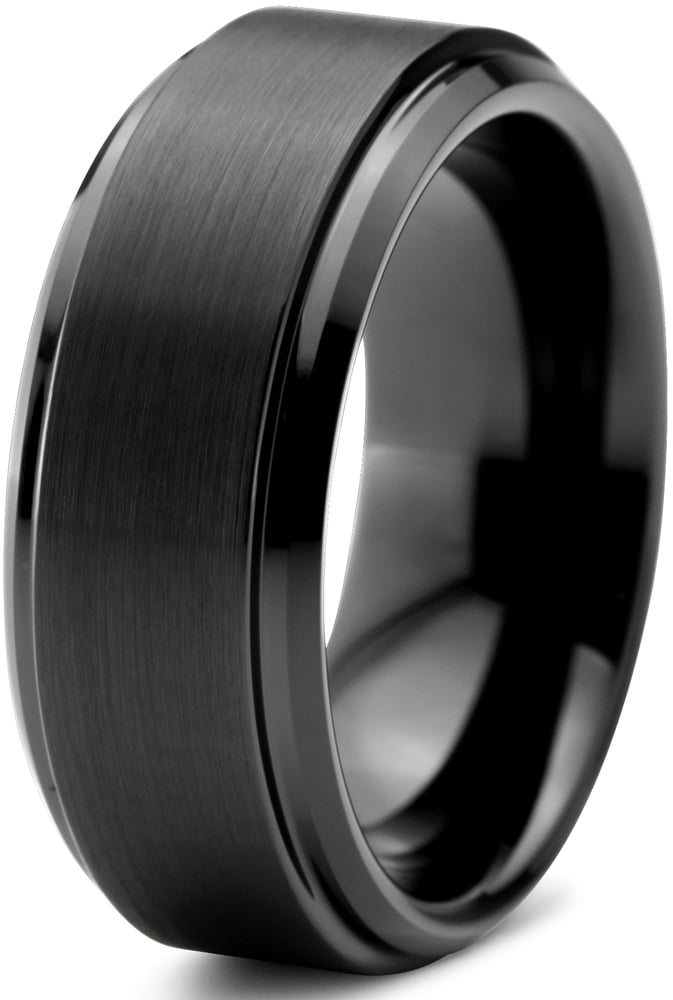 Wedding Bands Classic Bands Flat Bands w/Edge Stainless Steel Beveled Edge Black IP-plated 8mm Brushed Band Size 8.5 