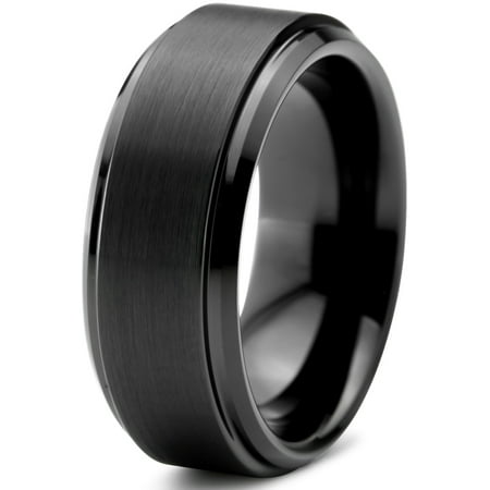 Charming Jewelers Tungsten Wedding Band Ring 8mm for Men Women Comfort Fit Black Beveled Edge Polished Brushed Lifetime
