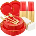 thumbnail image 1 of Morejoy 175PCS Red Plastic Plates,Red Disposable Plates With Gold Rim,Red and Gold Plastic Dinnerware Set Includes: 50 Plates,25 Silverware Sets,25 Cups,25 Napkins,Perfect for Party,Wedding, 1 of 8